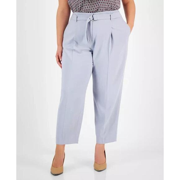 Bar III Women's Belted Texture Crepe Pants Mid Rise Moonstone Plus Size 14W NWT - Picture 1 of 8